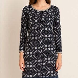 Max Studio Navy Geometric Shift Dress Large 3/4 Sleeve Office Casual